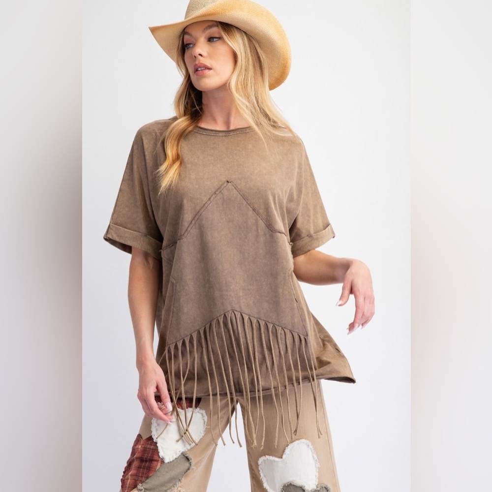 Easel Brown Fringe Short Sleeve Tee